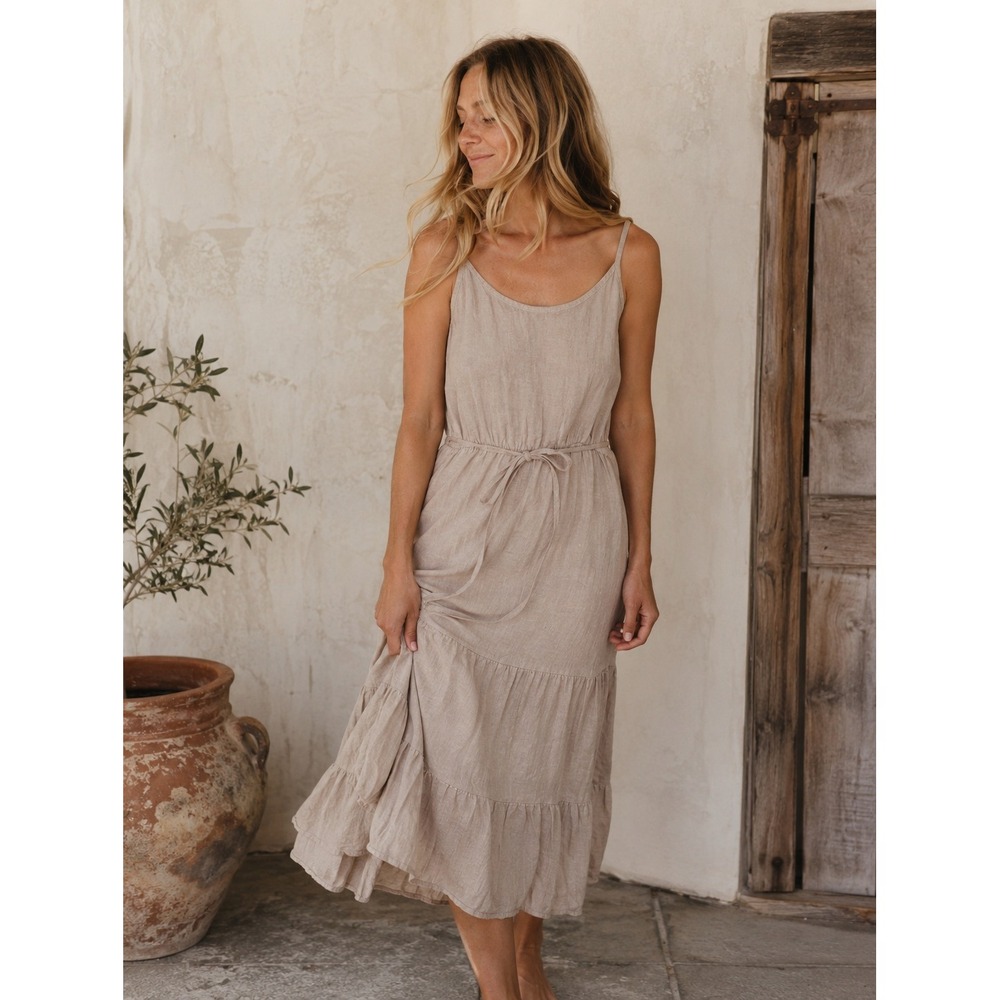 Beachwood Baby Soller Dress 100%‎ Linen Tan Beige Midi Tiered Sundress Italy- OS